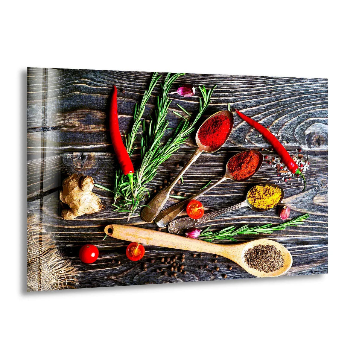 Highlighting the layering effect, this hot spices glass wall art showcases unique modern wall decor with an arrangement of vibrant culinary elements for a visually appealing kitchen.