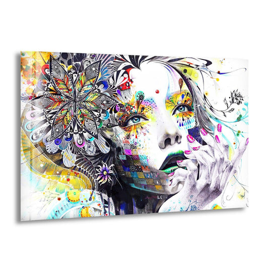 Woman abstract glass art painting showcases a captivating layering effect with intricate details and vibrant colors.