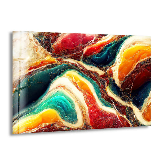 Abstract decorative wall art showcasing a void of white space surrounding swirling, molten waves of red, blue, and gold.