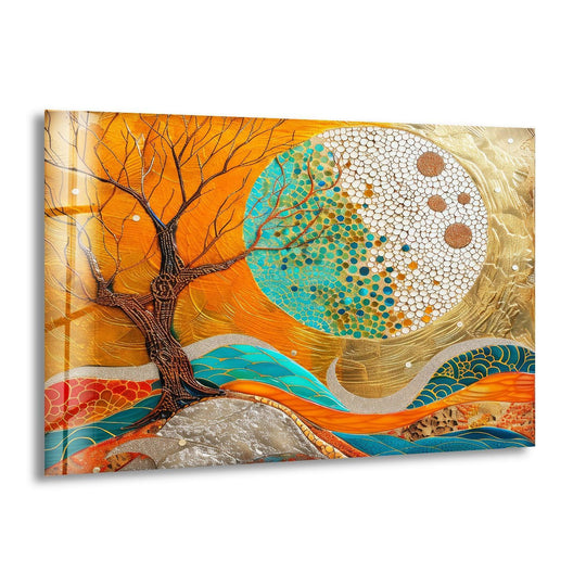 A rectangular decorative wall art of a tree against a textured moon and abstract landscape.