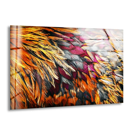 Close-up layered glass art painting of vibrant orange, brown, and purple rooster feathers with a textured effect.