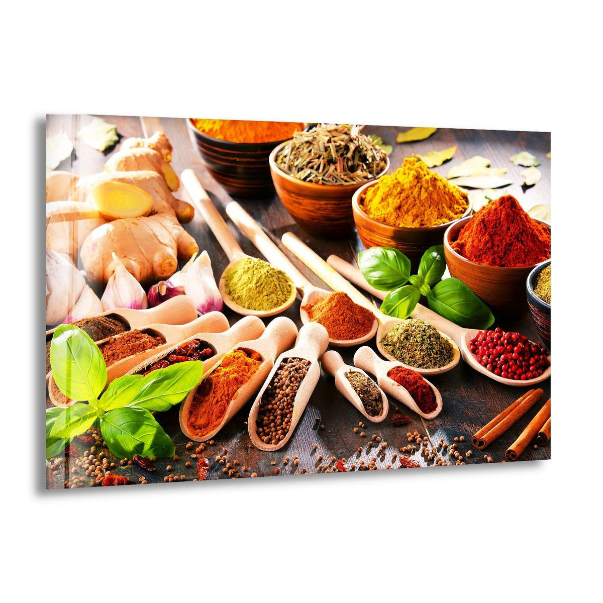 Aromatic and vibrant, the mood of this Indian herbs glass wall art prints evokes a sense of warmth and culinary inspiration.