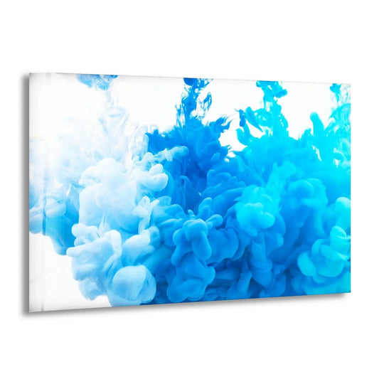 Soft shadows define the swirling light of this abstract blue and white ink splash, a unique modern wall decor.