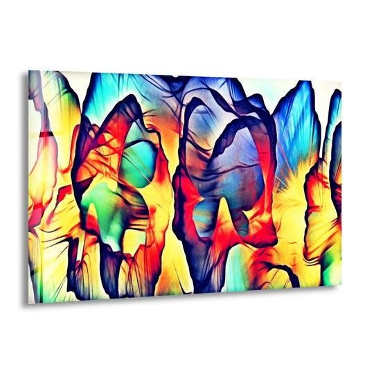 Abstract glass wall art displaying vibrant visual rhythm in flowing waves of color.