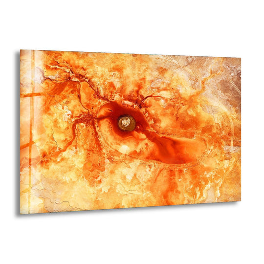 This horizontal rectangular orange marbled glass wall art features a unique modern wall decor abstract shape.