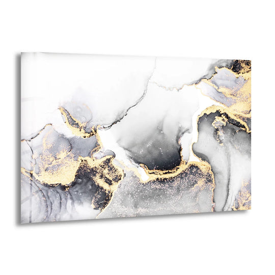 Delicate white and gold veins flow softly across this abstract glass wall art, creating a luxurious marble effect.