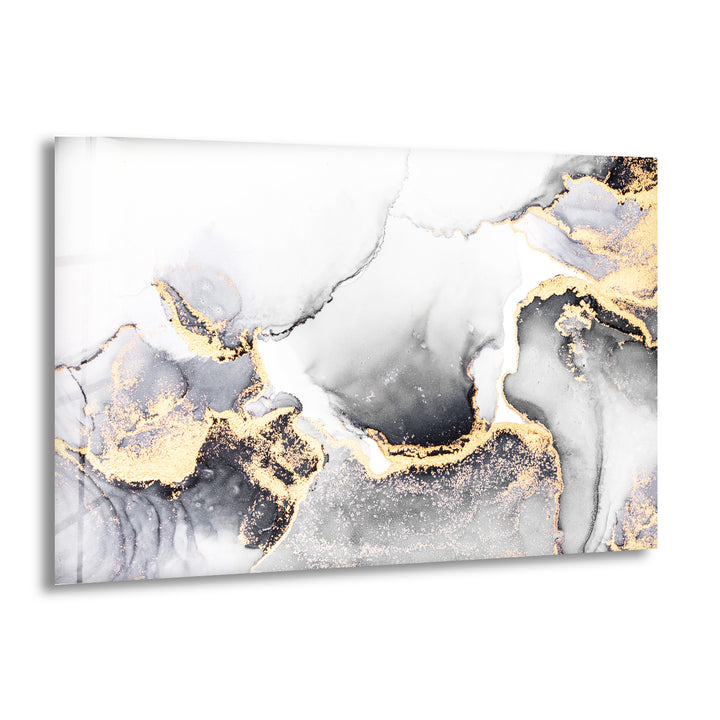 Monochrome Marble Glass Wall Art – Black White & Gold Luxury Abstract Print