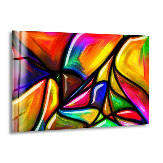 A vibrant abstract fractal glass wall artwork features smooth, polished edges and sharp black borders that define its colorful, flowing forms.