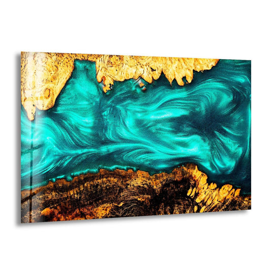 Mesmerizing turquoise epoxy swirls create a vibrant, eye-catching focal point on this stunning glass art painting.