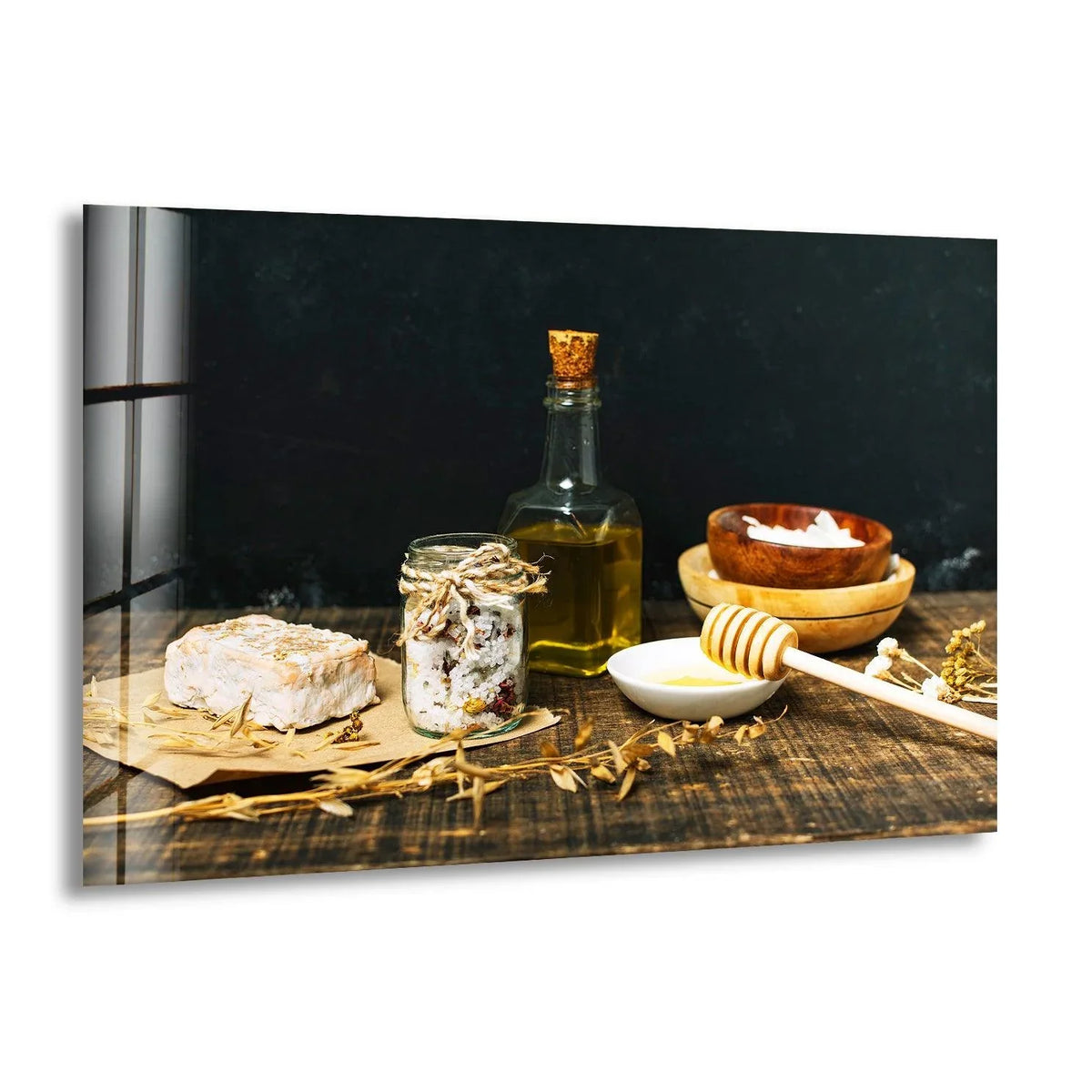 The stillness of natural olive oil captured in hanging wall art, a rustic moment preserved with honey, handmade soap, and botanicals for a soothing, serene scene.