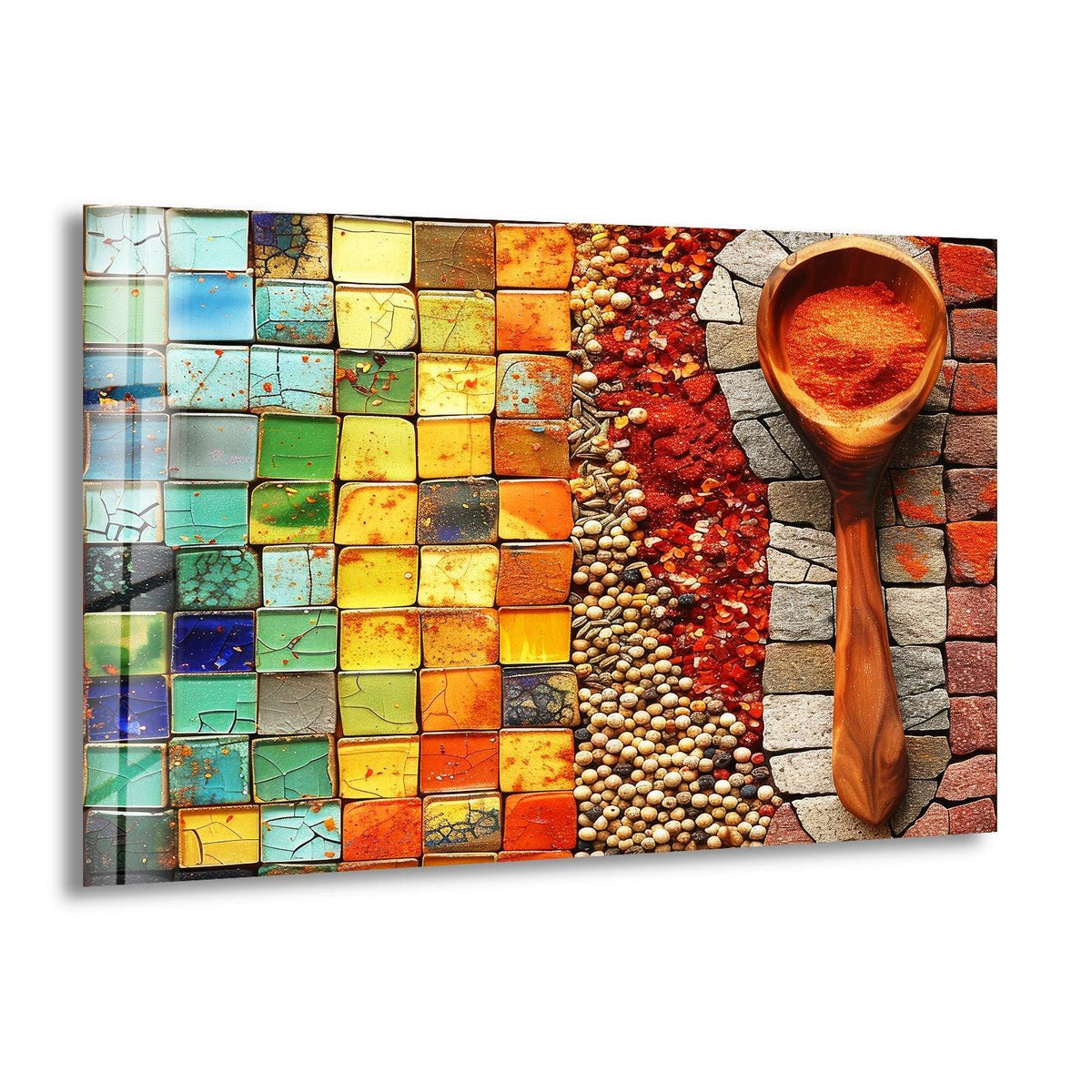 Mosaic herbs glass wall art showcasing the loudest element, a wooden spoon brimming with vibrant red spice, achieved with precision glass printing.