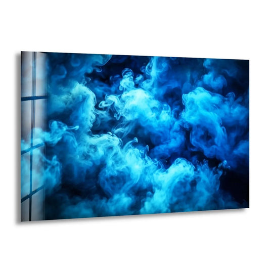 Realistic detail of vibrant blue smoke swirling on glass wall artwork, featuring mesmerizing 8K prints.
