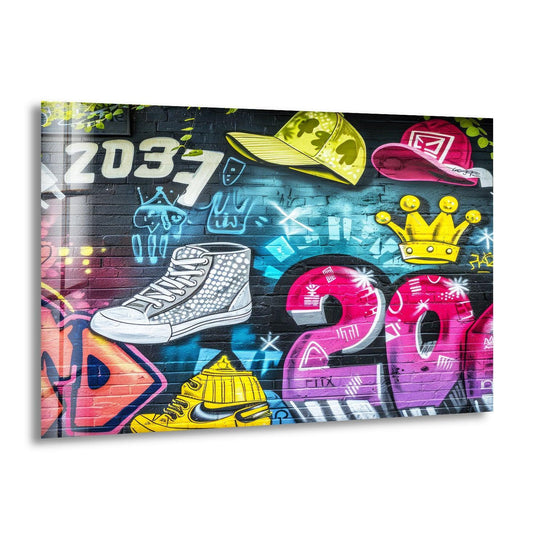 Vibrant graffiti featuring sneakers, caps, and numbers adorns this dynamic glass wall art decor.