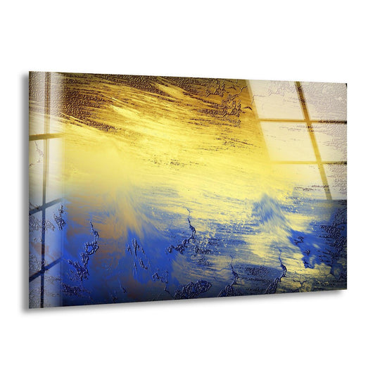 Textured bronze and blue abstract home decor glass art with a subtle sheen and reflective surface.
