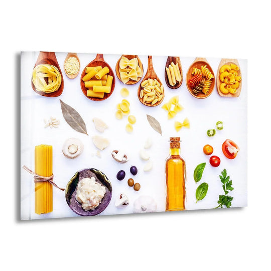 Horizontal glass wall art displaying a colorful arrangement of various pasta types and ingredients perfect for kitchen decor.