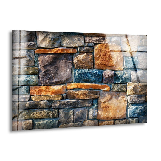A close-up of a textured brick wall tile glass wall artwork shows negative space between the stones.