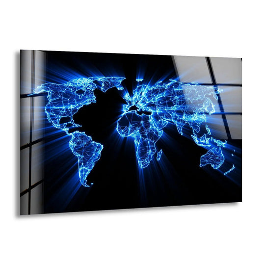 Black negative space surrounds a glowing blue neon world map glass wall artwork.