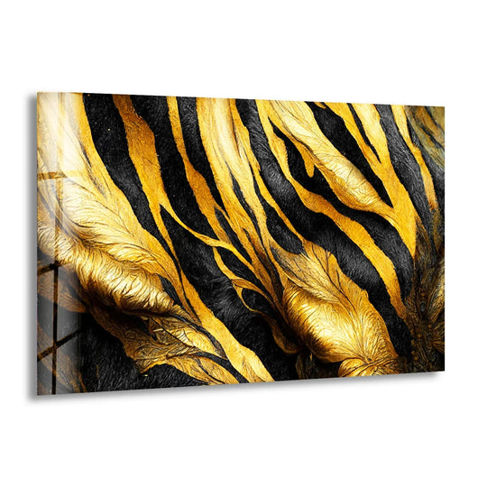 Capturing a dramatic and luxurious mood, this black and gold abstract glass art painting features bold, flowing textures.