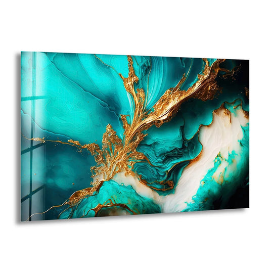 An abstract glass art painting showcases flowing turquoise depths and intricate, realistic gold ink details, creating a luxurious marble effect.