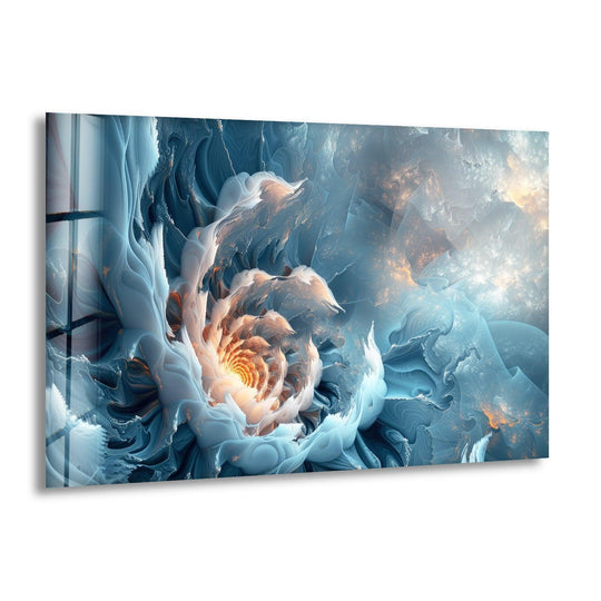Bright, fiery orange swirls burst from the center of this dynamic abstract glass art.