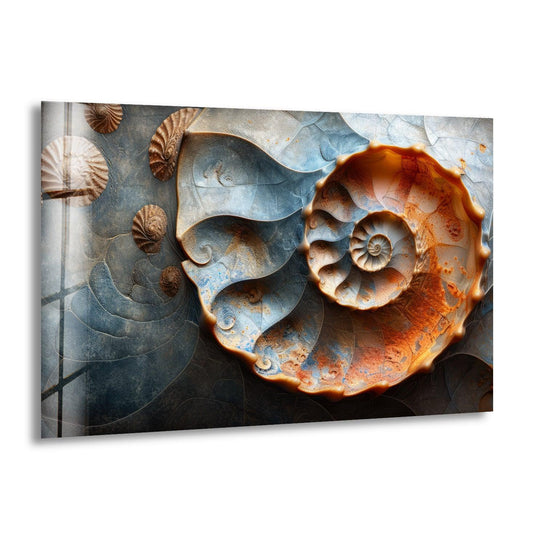 A minimalist glass art painting highlights the negative space around a swirling fossil shell, emphasizing its spiral form.