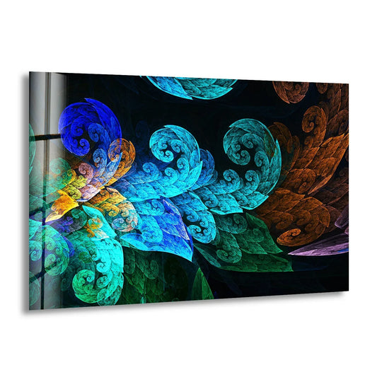 Mesmerizing blue, green, and orange fractal swirls create a hypnotic visual rhythm in this abstract glass art.