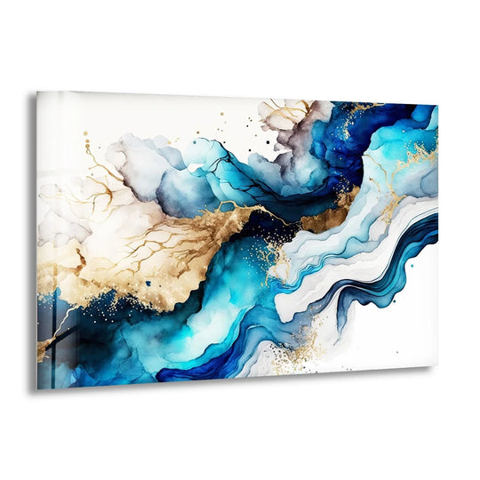 Deeply saturated sapphire and azure inks flow into golden accents in this glass wall art with vibrant wall prints.