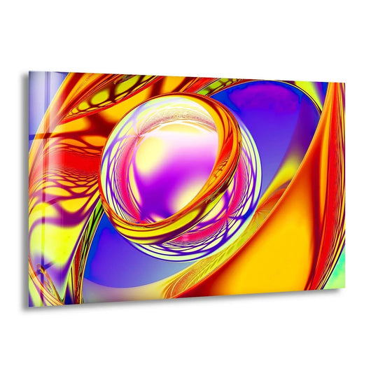 Abstract colored glass wall art captures a moment of stillness within vibrant swirling forms.