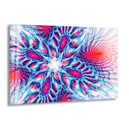 Vibrant abstract glass printing showcasing luminous blue and pink fractal patterns with a glossy finish.