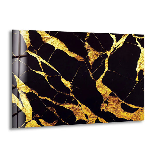 This black and gold marbling decorative wall art showcases a luxurious layering effect with its intricate crackled design.