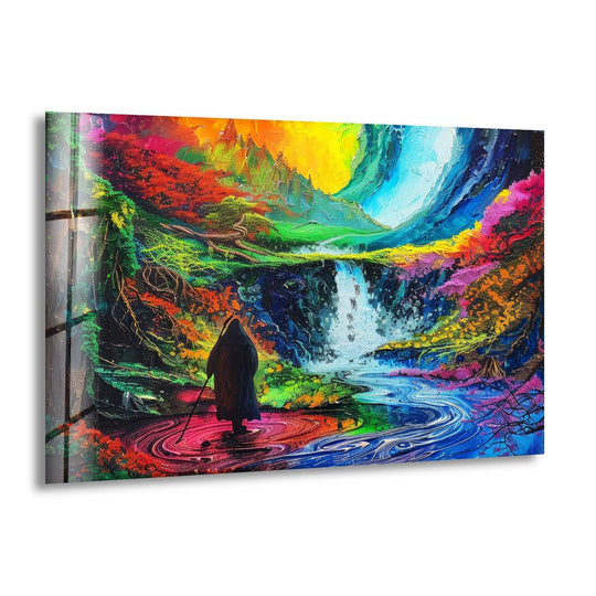 A robed figure stands in the foreground of vibrant glass printing art, holding a staff in colorful swirling waters.