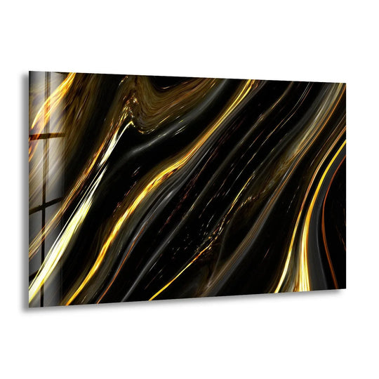 A contemporary glass art painting featuring flowing black and gold abstract lines with sharp, reflective edges and borders.