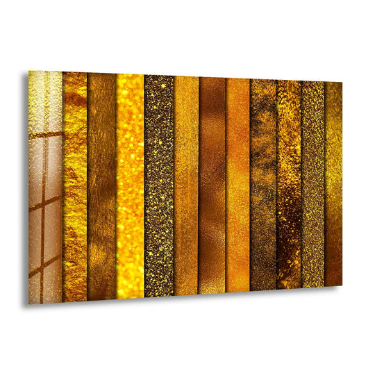 Realistic detail of bundle golden abstract panels as vibrant glass printing.