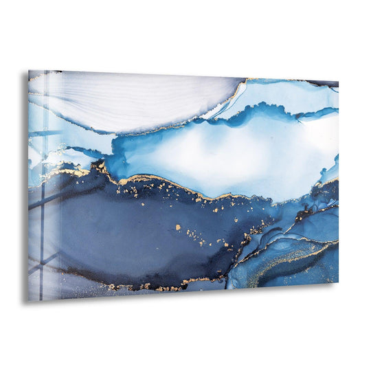 Elegant glass wall art featuring a blue marble ink abstract design with opulent gold accents, creating a luxurious wall print.