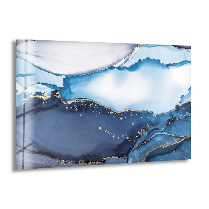 Abstrakte Glaswandkunst mit blauer Marmortinte