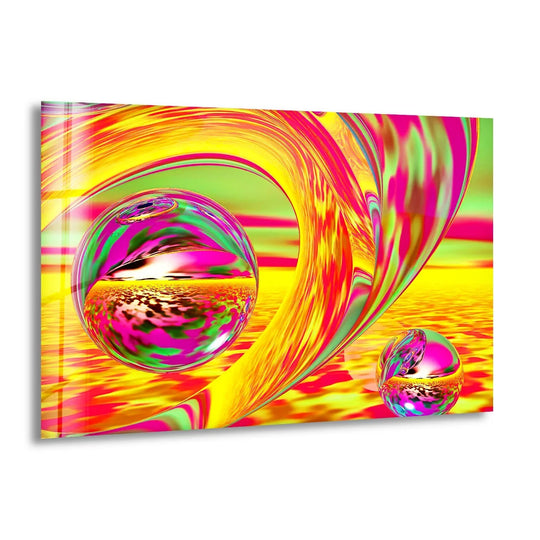Abstract glass wall art featuring vibrant gold and orange hues with reflective spheres as unique modern wall decor.