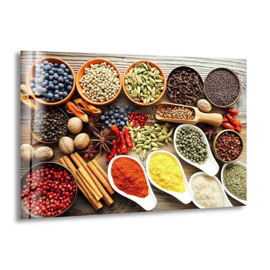 Horizontal glass wall art displaying a vibrant assortment of colorful spices in bowls and spoons perfect for kitchen or dining room decor.
