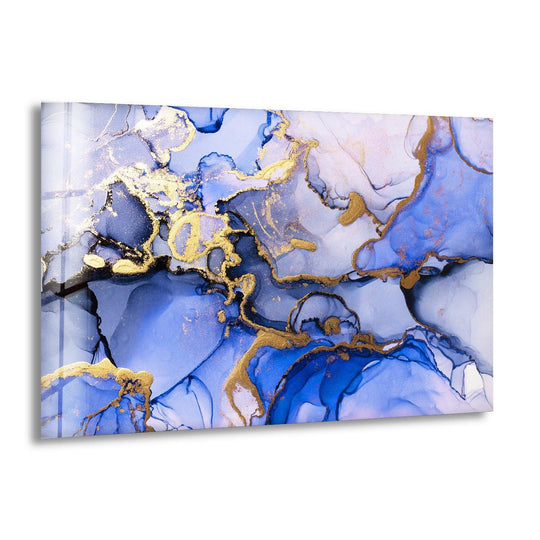Intricate swirls of sapphire and navy alcohol ink, accented with opulent gold leaf, create a stunning glass art masterpiece.