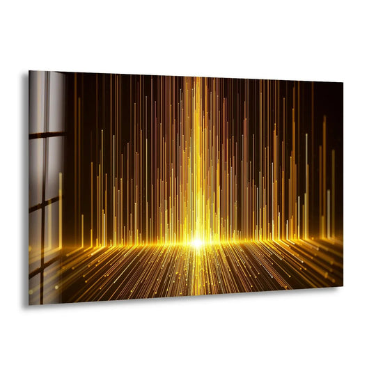 Warm golden light streams upwards and outwards on this abstract hanging wall art.