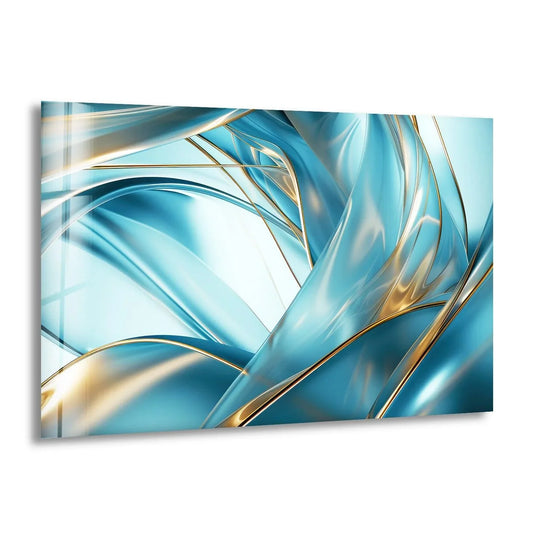 Abstract glass wall art showcases dominant cool blue and shimmering gold tones, creating a fluid, modern home decor piece.