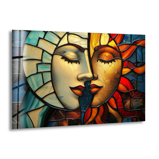 Abstract stained glass art painting depicts the ethereal fusion of day and night through contrasting, serene facial profiles.