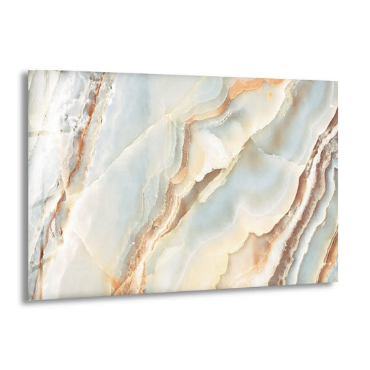 A soft transition of creamy whites, pale blues, and peachy veins creates elegant home decor within this abstract glass art.