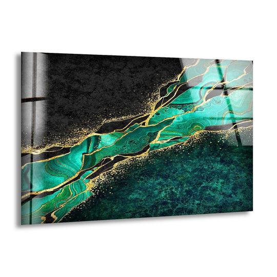Abstract emerald green marble with gold veins on this glass art features a rich, textured surface.