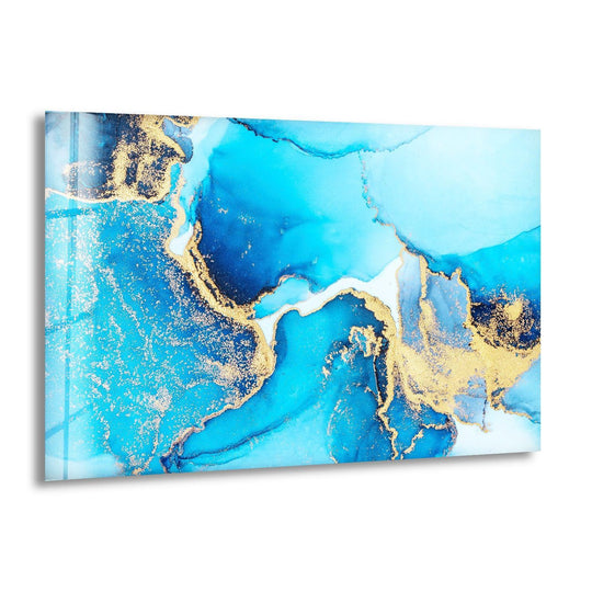 Abstract home decor with swirling navy, sapphire, and azure blues accented by shimmering gold veins.