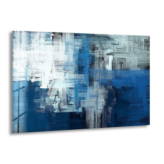Blue ink abstract glass wall art features bold strokes of sapphire and white, creating a dynamic hanging wall art composition.