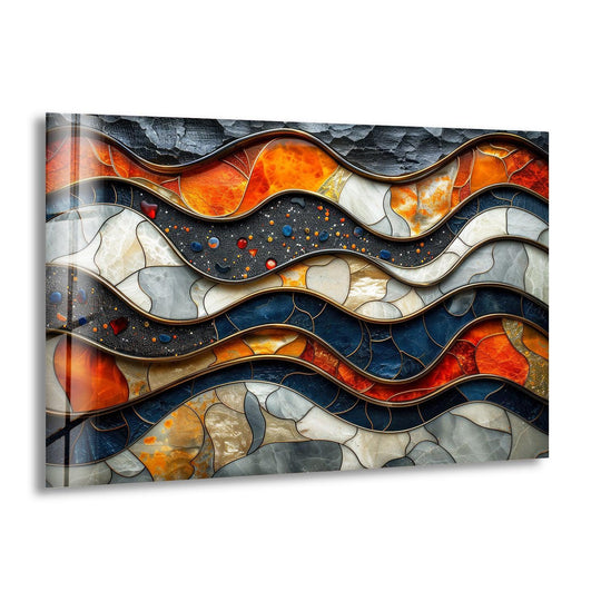 A focal point of a stained glass-inspired abstract decorative wall art with wavy patterns and vibrant multicolored mosaics.