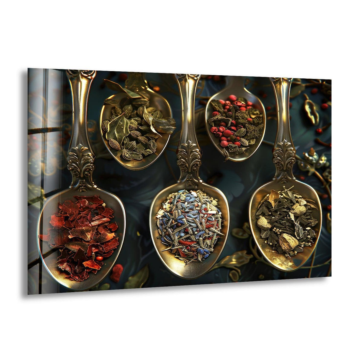 With rich color saturation, the spices on rustic spoon glass wall prints showcase a vibrant collection of aromatic herbs in ornate spoons.