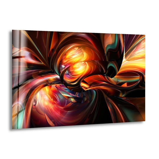 A vibrant glass wall art print with a warm, fiery color temperature and flowing abstract fractal patterns.