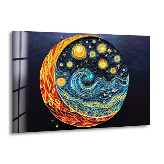 Radiant suns and stars illuminate this starry night glass wall art, a vibrant decorative wall art piece.
