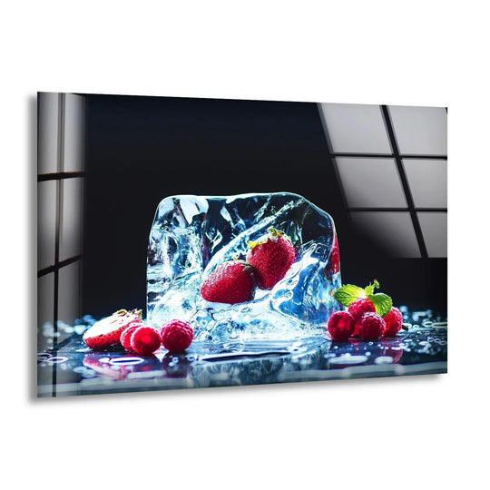 Striking glass wall art featuring vibrant strawberries and raspberries frozen in ice a glossy horizontal piece for modern kitchen decor.
